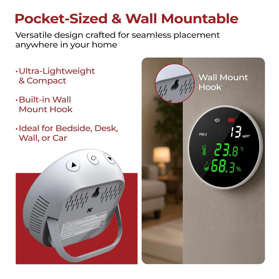 Lifelong 3-in-1 Air Quality Monitor – High-Accuracy Laser Sensor for PM2.5, Temperature & Humidity