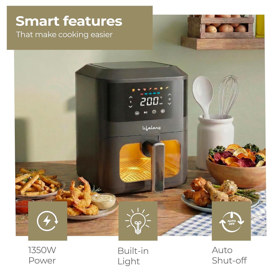 Lifelong 4.2L Air Fryer for Healthy Cooking | 1350W | 7 Presets with Defrost | Low Oil Cooking with 360Â° Rapid Air Technology | LED Touch Panel with Countdown Marking | Easy Clean Kitchen Appliance Black & Grey