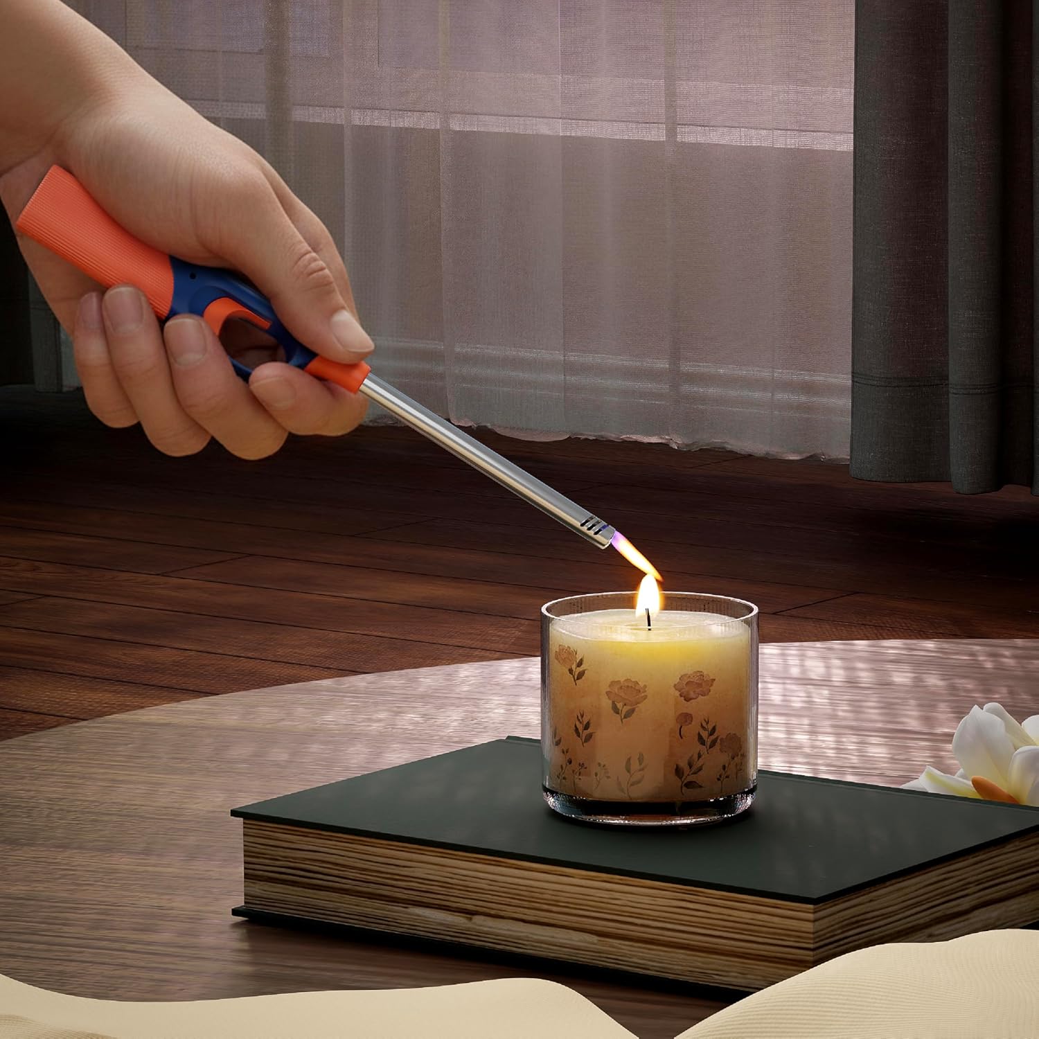 Lifelong Refillable Flame Lighter for Kitchen | Adjustable Flame Control with Child Safety Lock | Multipurpose Lighter for Gas Stove, Diya, Candle, BBQ Grill, Bonfire & Camping (SS & ABS, Orange)