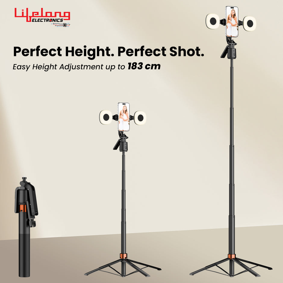 Lifelong Electronics AI Powered Selfie Stick Tripod 183CM/72 Inches | Auto Face Tracking | Quad Leg Stability Mobile Stand for Desk with Dual Influencer Light (5W) | Tripod Stand for Phone & Camera