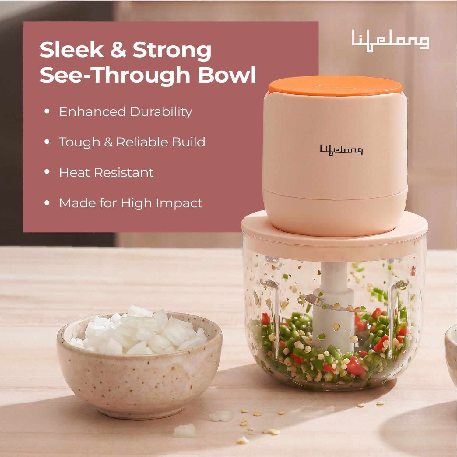 Lifelong Rechargeable Electric Food Chopper with 600ml | 100W Motor | Triple SS Blades | USB Type-C Charging |3600 mAh Battery | One-Press Operation for Veggies, Meat, Garlic, Nuts & Baby Food(LLWC05)