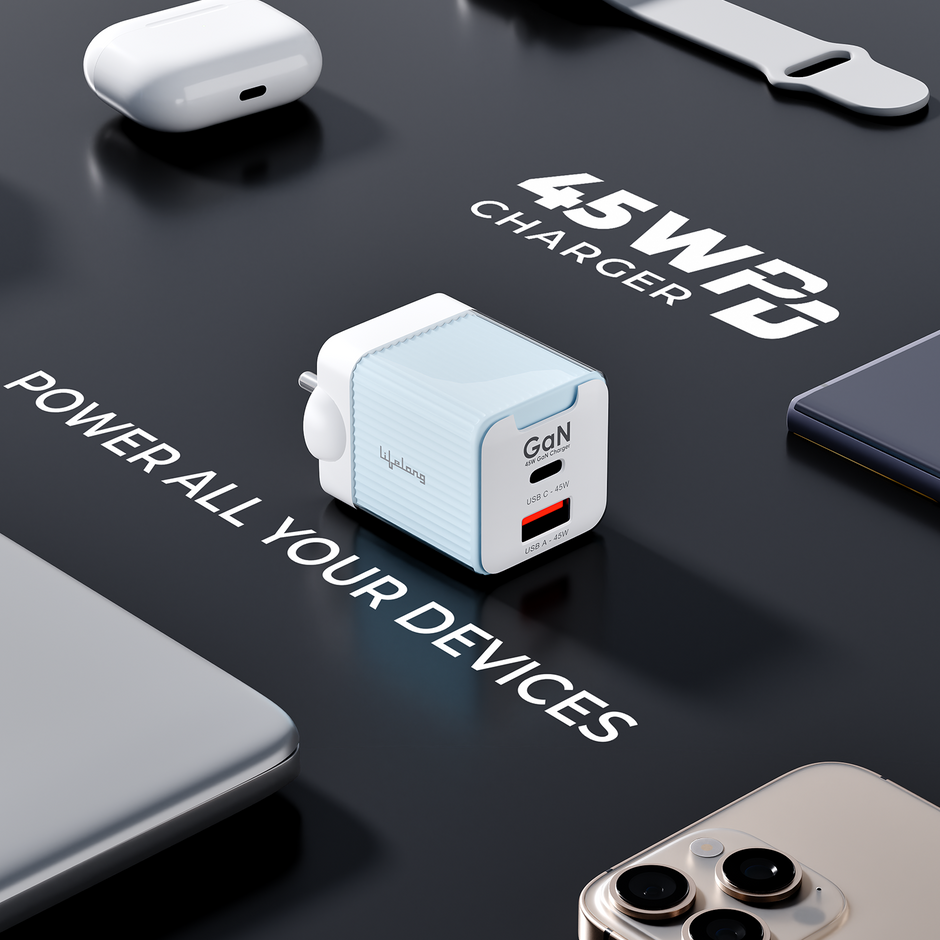 Lifelong 45W Super-Fast GaN Charger PD Technology | 1 USB A + 1 Type C Port | iPhone 17/16/15/14 (Including Pro Max), Android, Samsung | Laptops - MacBook, Dell, HP, Lenovo, Acer, ASUS