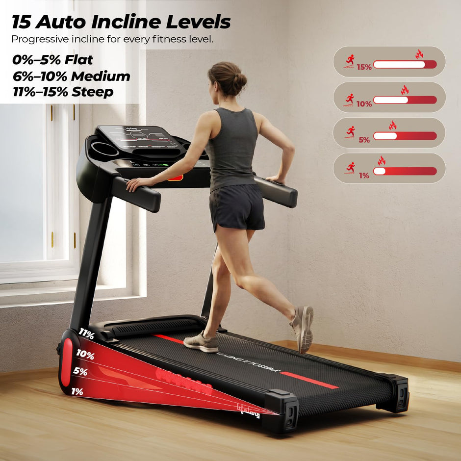 Lifelong 4.5HP Peak Foldable Treadmill for Home| Gym Equipment for Home Workout | Wide Belt | LED Display | 15 Level Auto Incline | 14 km/h Speed | 12 Preset Programs | Hydraulic Fold | Bluetooth & Fit Show App | 110kg Max Weight