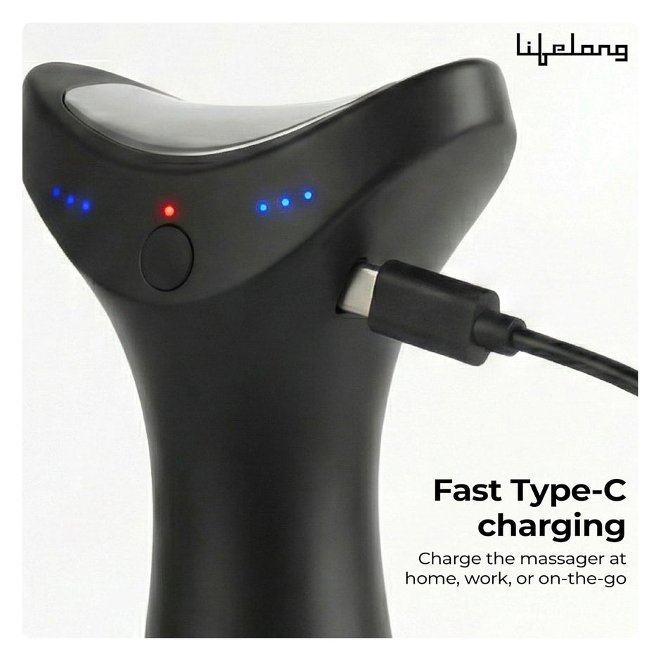Lifelong Flathead Massager | Rechargeable Body Massager for Pain Relief | 4 Heads for Targeted Therapy | 4 Speed Levels | Heat Therapy | Full Body Electric Percussion Massager for Adults