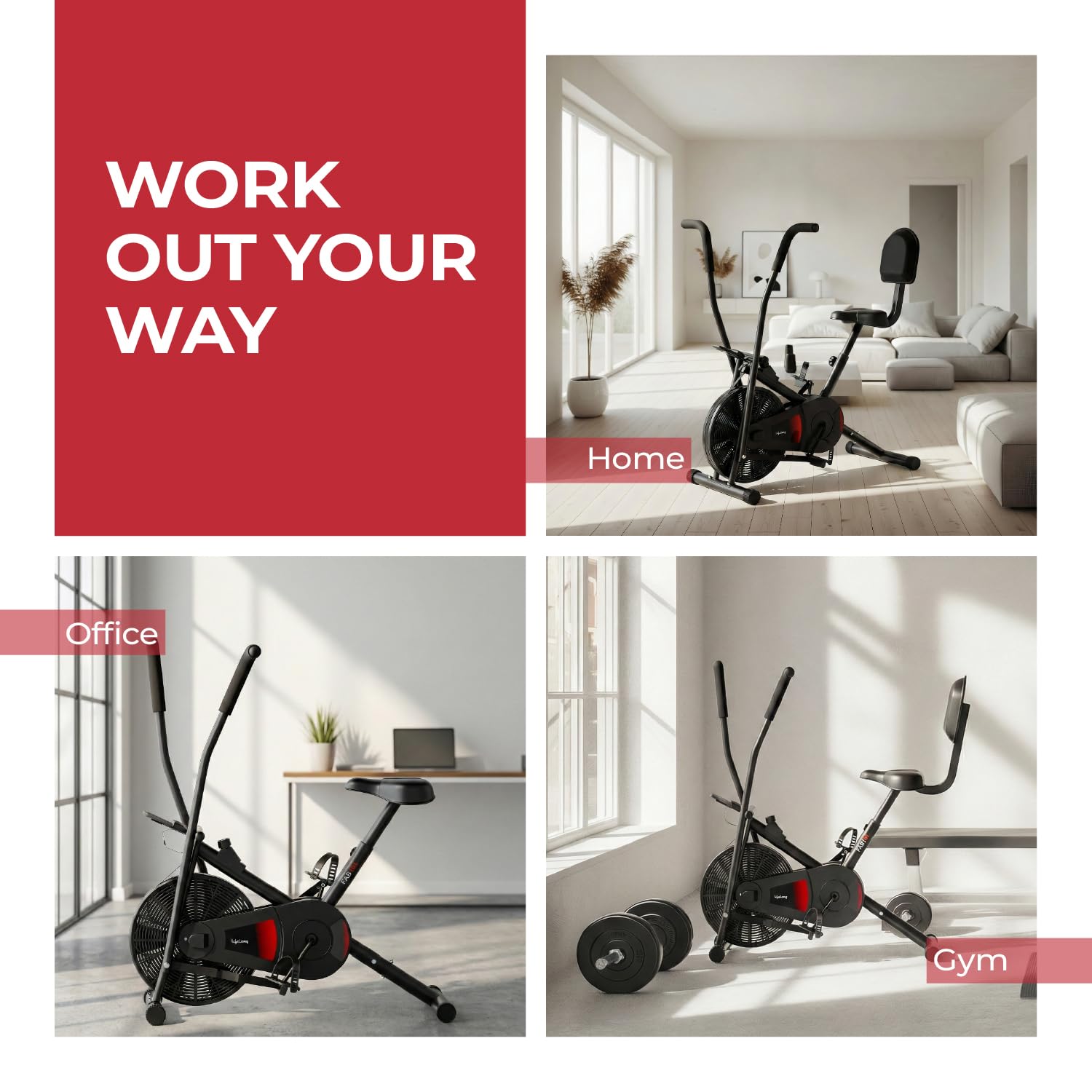 Lifelong Air Bike Exercise Cycle for Home Gym | Dual Action Stationary Cardio Bike for Full Body Workout| Adjustable Cushioned Seat with Backrest |Moving Handles & Anti-Skid Pedals |Max User Weight 125 kg