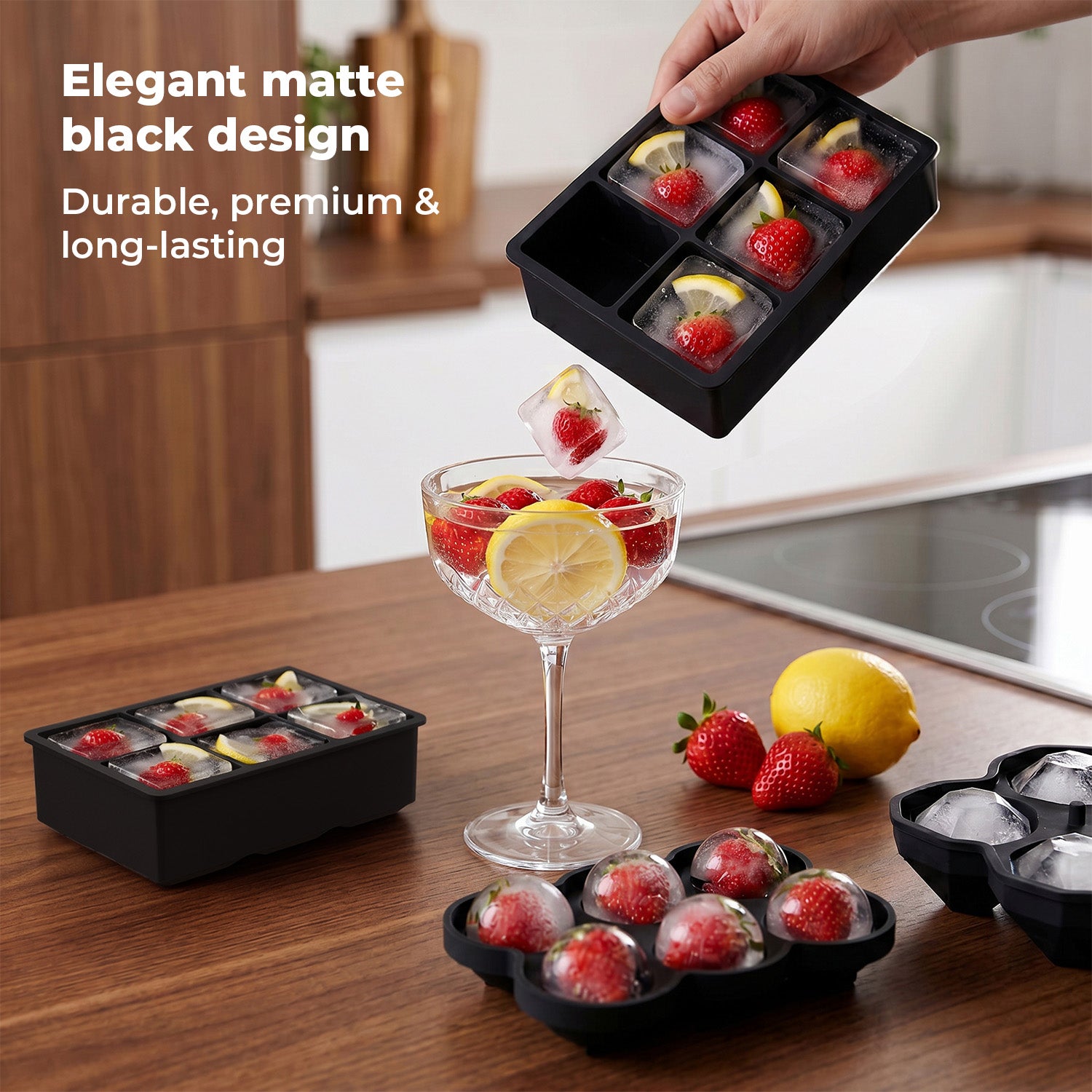 Lifelong Ice Cube Tray - Set of 3 | Silicone Ice Moulds for Freezer | Square, Round & Diamond | Food-Grade, Leakproof, Easy Release | Large Cubes for Cocktails, Yogurt, Ice Cream(-30°C to 280°C)