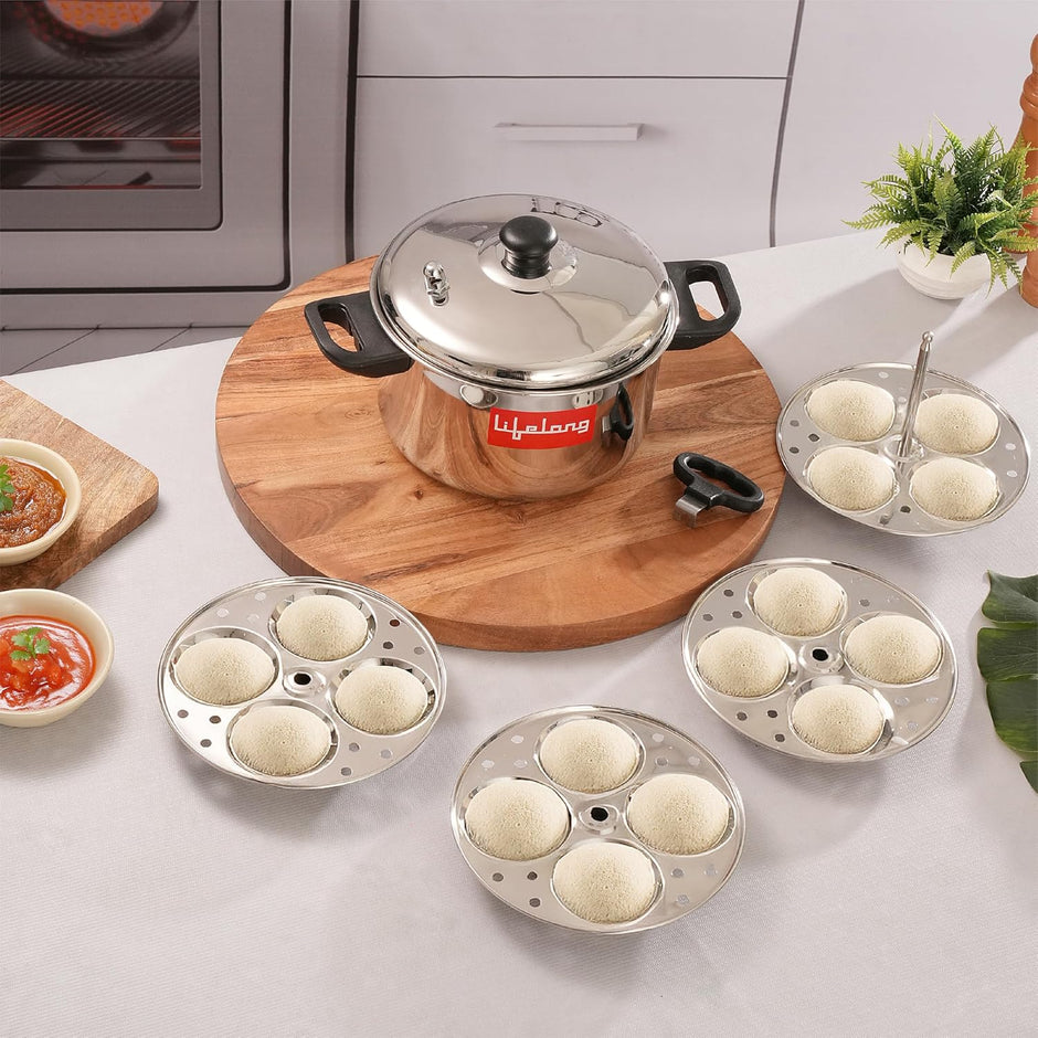 Lifelong Idli Cooker 4 Plate | 16 Idlis | Stainless Steel Idli Cooker, Induction And Gas Stove Compatible Idli Maker (LLIDCKR04, Steel Silver), 5 Litres
