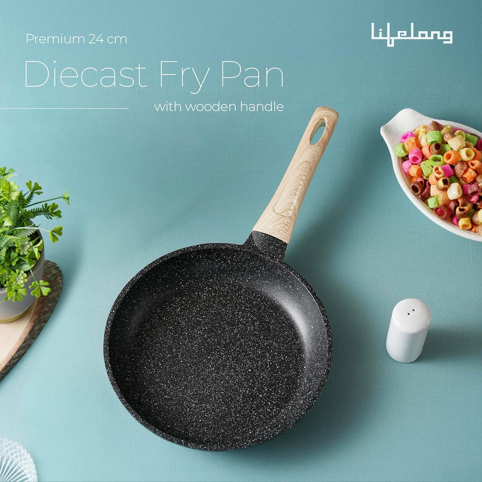 Lifelong Die-Cast Fry Pan 24cm with Glass Lid & Wooden Spatula