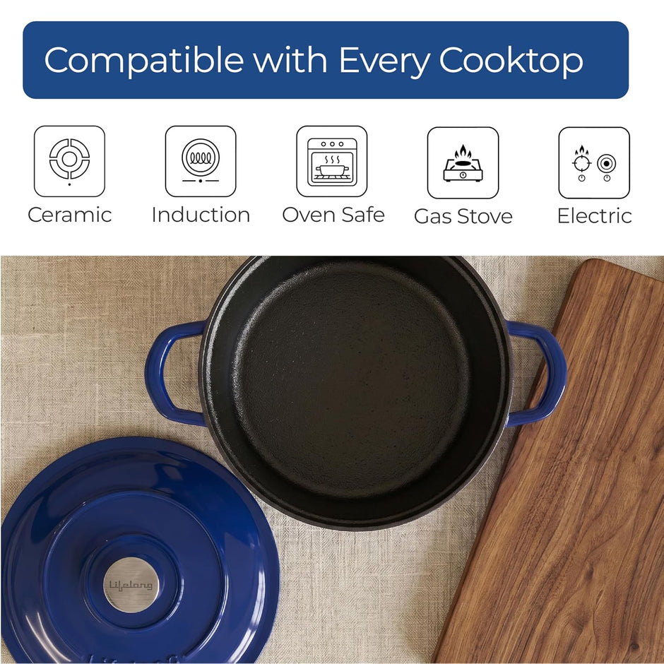 Lifelong Enamel Cast Iron Dutch Oven with Lid (5.6L, 28cm) | Oven, Gas & Induction Compatible