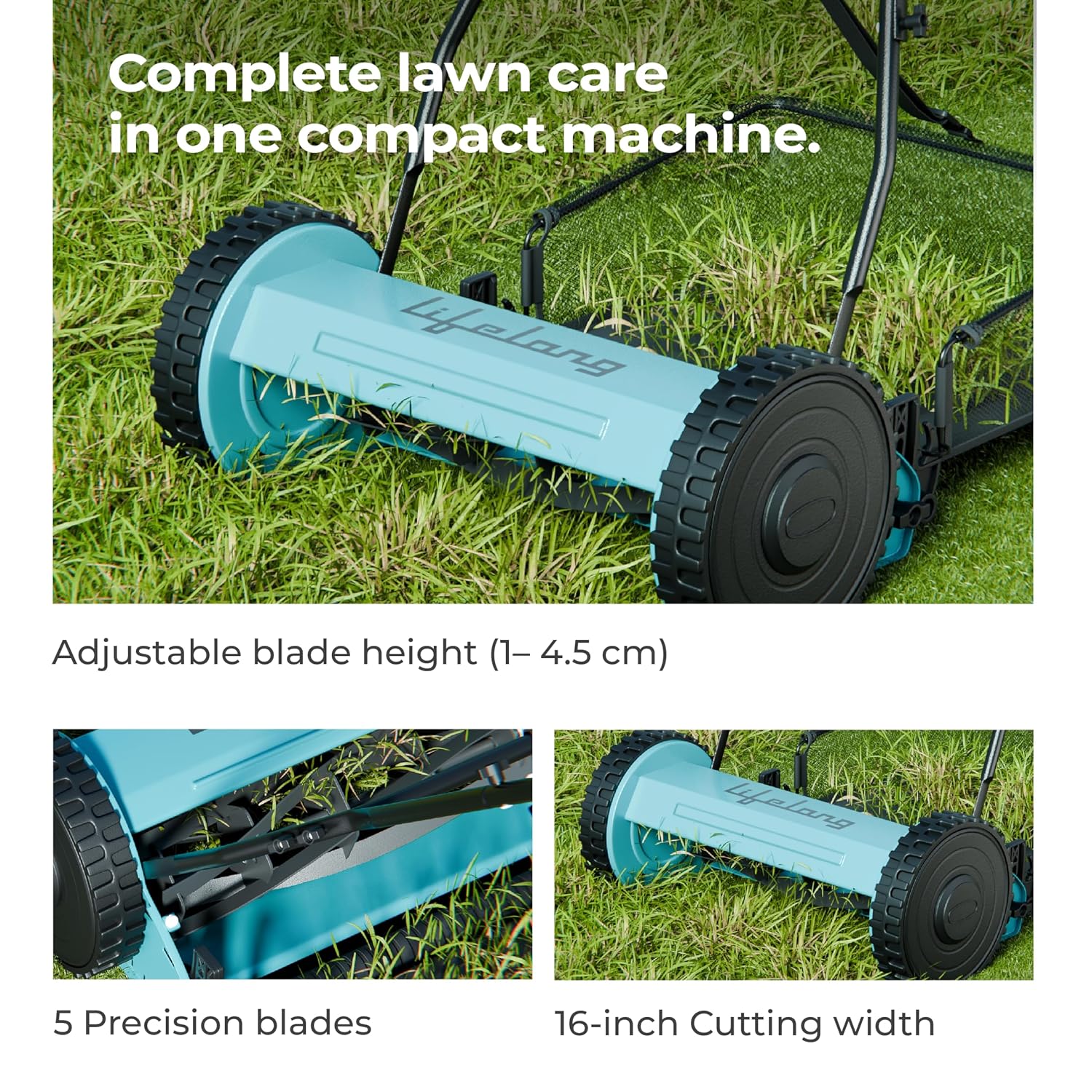 Lifelong 16-Inch Manual Lawn Mower, 5-Blade Reel Cutter with 30L Grass Catcher
