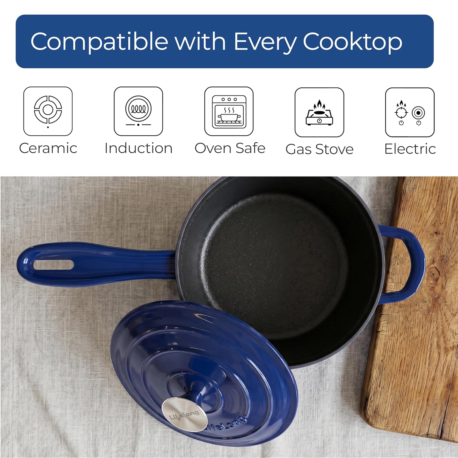 Lifelong Enamel Cast Iron Saucepan with Lid (1.9L, 20cm) | Oven, Gas & Induction Compatible