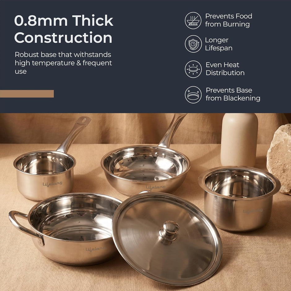 Lifelong Stainless Steel Cookware Set of 5 | Kadhai (2.2L), Fry Pan (1.4L), Saucepan (1.2L), Tope (1.4L) with SS Lid