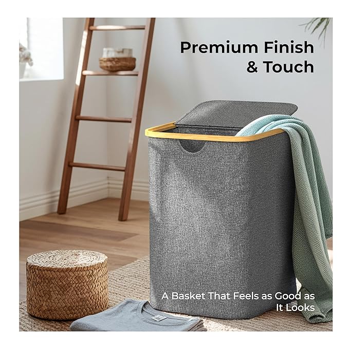 Lifelong Laundry Basket with Lid – 2 Compartment Foldable Cloth & Toy Storage Bag, Space-Saving Design with Bamboo Frame