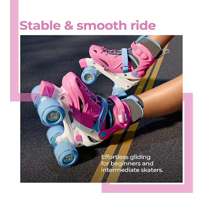 Lifelong Kids Adjustable Skating Shoes with LED Wheels – Inline Roller Skates with Safety Pads, Durable Frame & Adjustable Size (Pink, Euro 30–33, S)