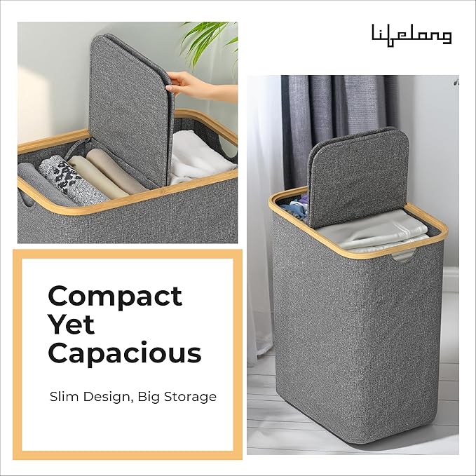Lifelong Laundry Basket with Lid – 2 Compartment Foldable Cloth & Toy Storage Bag, Space-Saving Design with Bamboo Frame