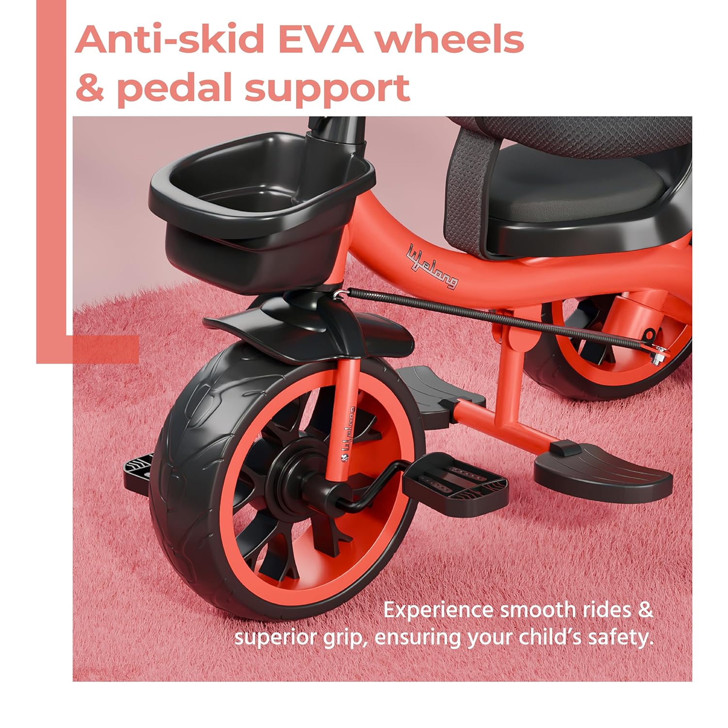Lifelong Kids Harness Tricycle with Parental Control, EVA Wheels, Bell & Storage Basket – Baby Trike for 1–4 Years (25kg Capacity, Red/Black)