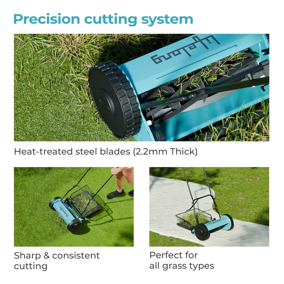 Lifelong 16-Inch Manual Lawn Mower, 5-Blade Reel Cutter with 30L Grass Catcher