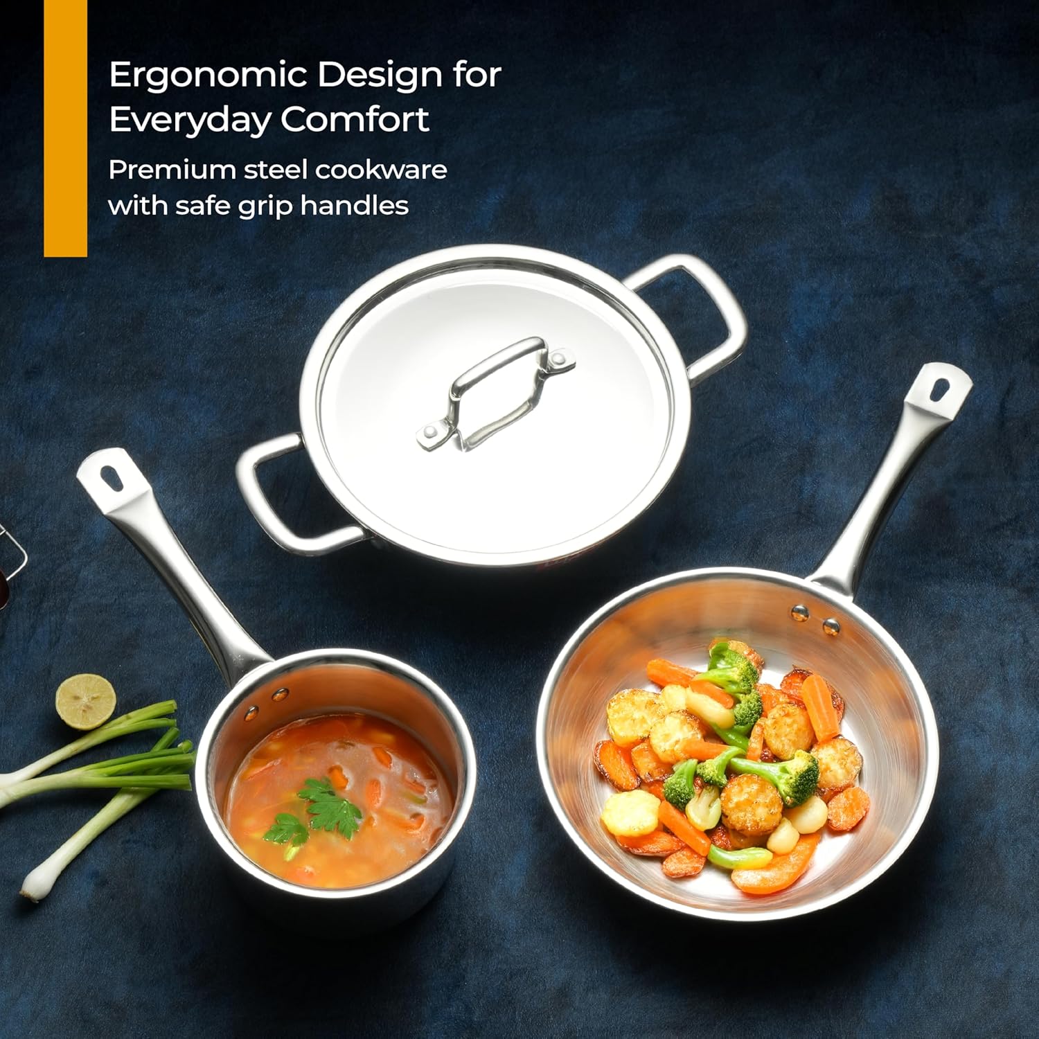Lifelong Triply 5 piece cookware Set| Triply Kadai, Frypan, Saucepan & Tadka Pan for Cooking | 22cm Kadai (2L) & Fry Pan (1.25L) 22cm|16cm Saucepan (1.2L) & Tadka Pan 10 Cm with Common Lid (LLTPC01)|Induction and Gas Stove Compatible Combo of 5