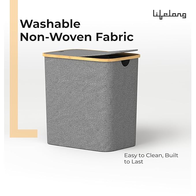 Lifelong Laundry Basket with Lid – 2 Compartment Foldable Cloth & Toy Storage Bag, Space-Saving Design with Bamboo Frame
