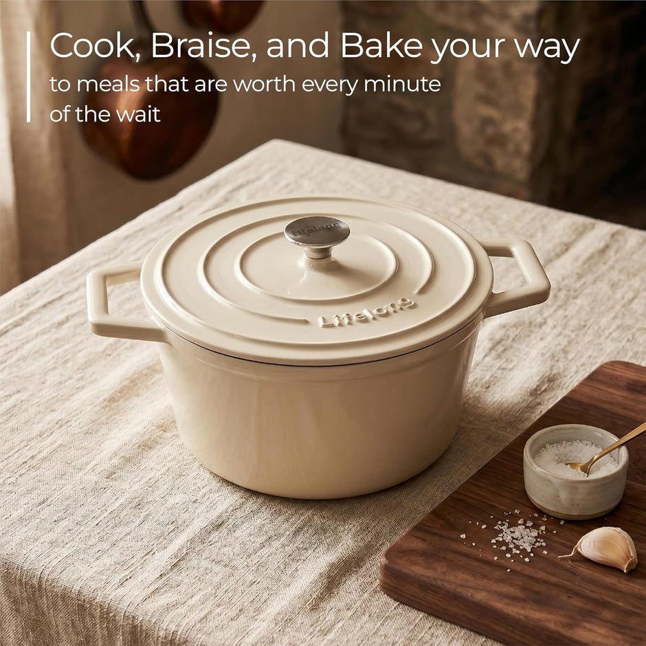Lifelong Enamel Cast Iron Casserole with Lid (3.8L, 24cm) | Oven, Gas & Induction Compatible