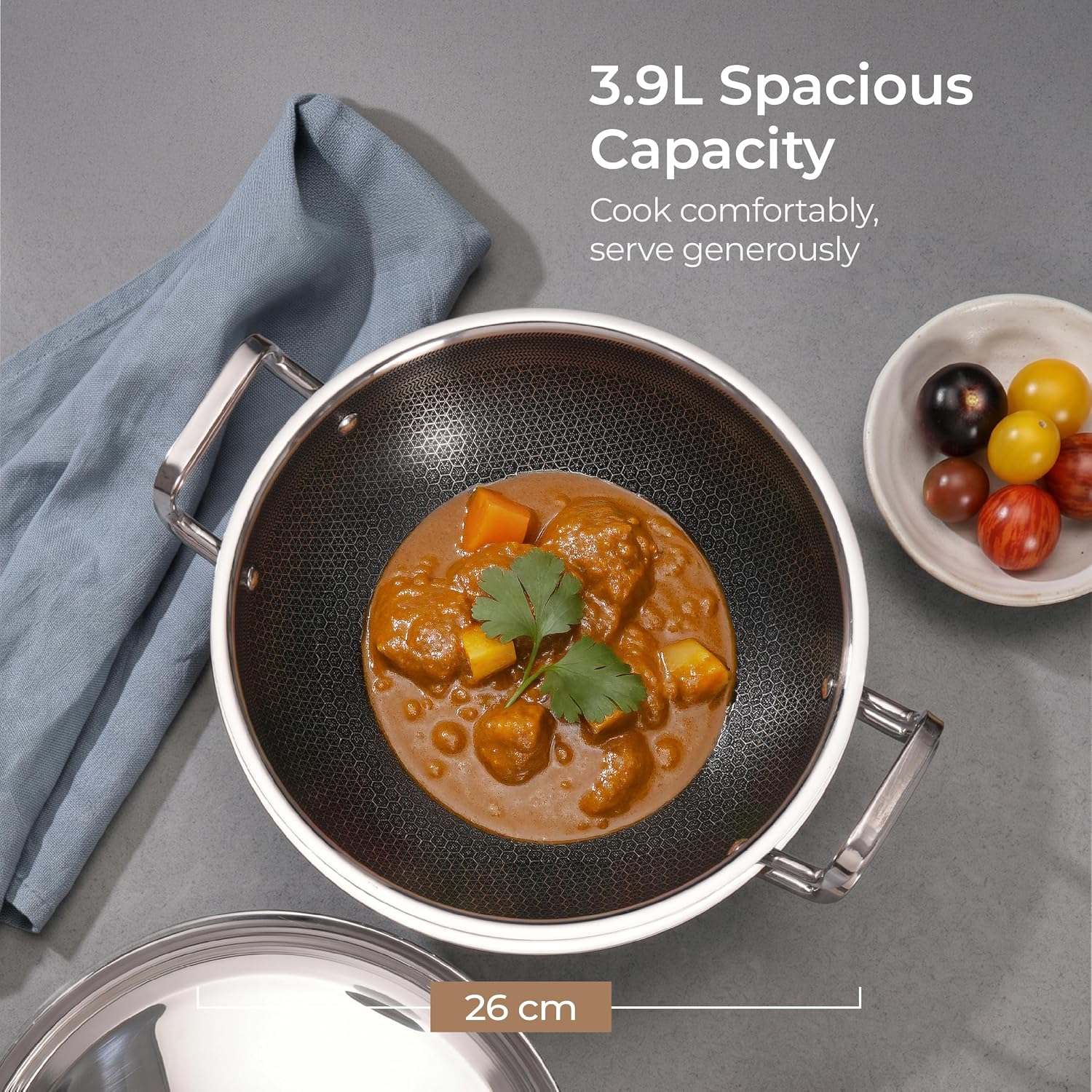 Lifelong Triply Honeycomb Kadhai 26 Cm | Extra Deep Stainless Steel | 3-Layered Nonstick Coating
