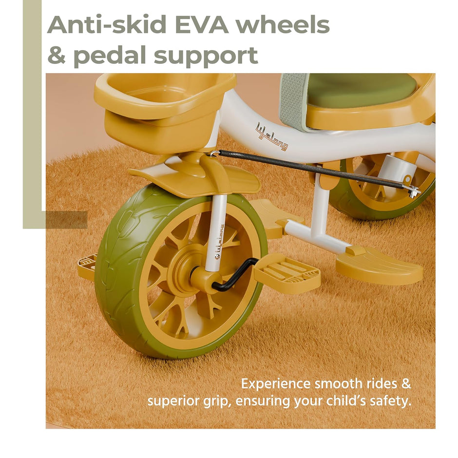 Lifelong Kids Harness Tricycle with Parental Control, EVA Wheels, Bell & Storage Basket – Baby Trike for 1–4 Years (25kg Capacity, White/Yellow)
