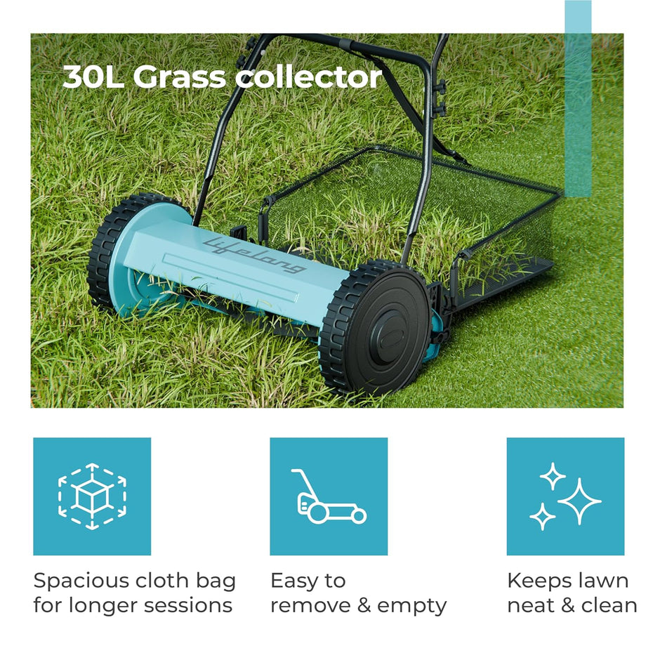 Lifelong 16-Inch Manual Lawn Mower, 5-Blade Reel Cutter with 30L Grass Catcher
