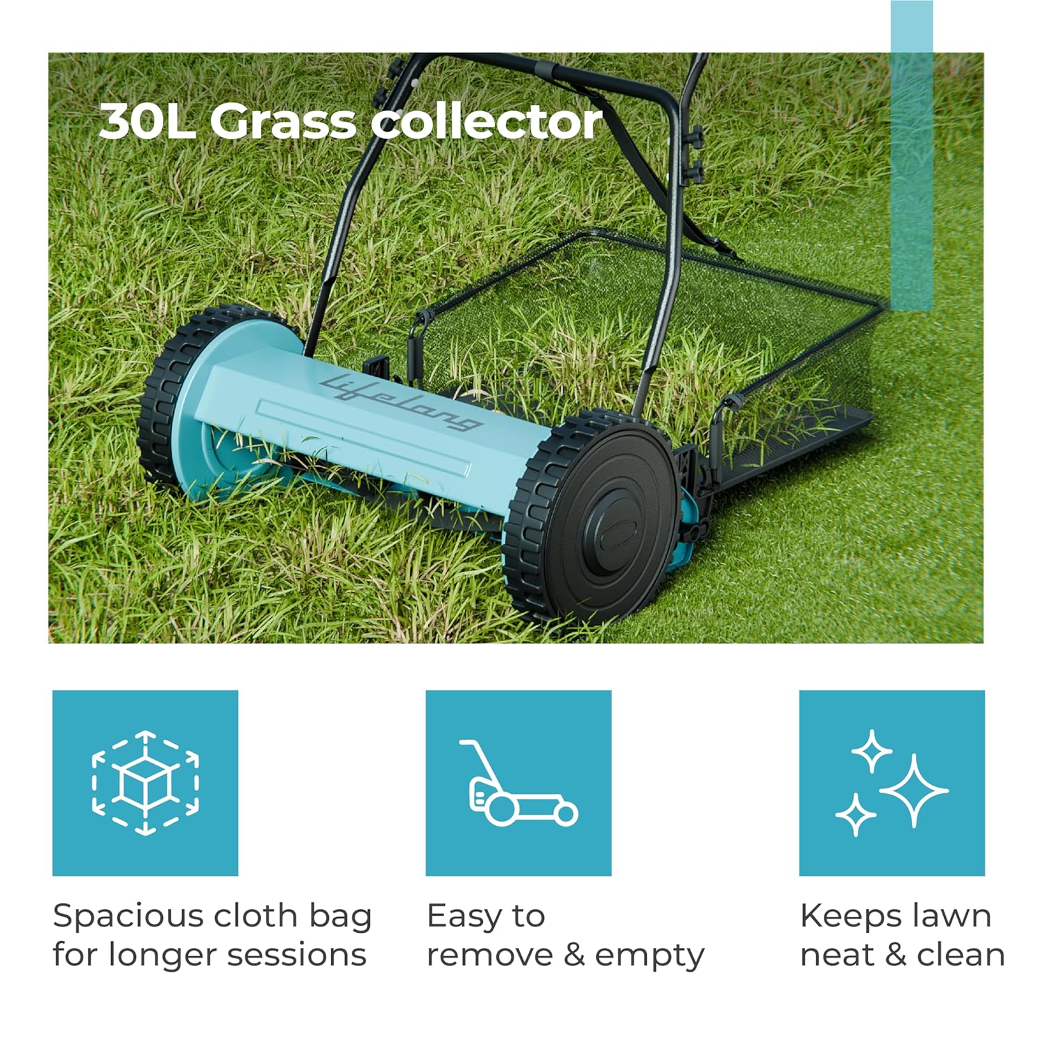 Lifelong 16-Inch Manual Lawn Mower, 5-Blade Reel Cutter with 30L Grass Catcher