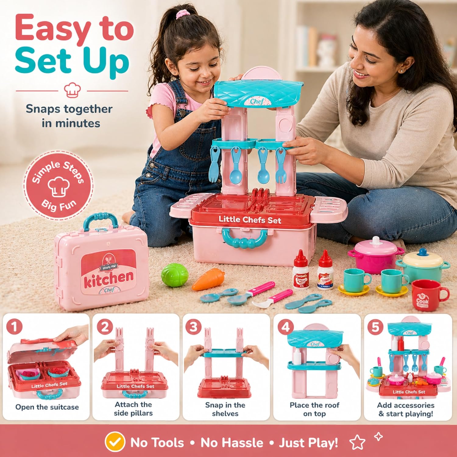 Lifelong Compact Kitchen Play Set with Portable Suitcase & 28 Cooking Accessories