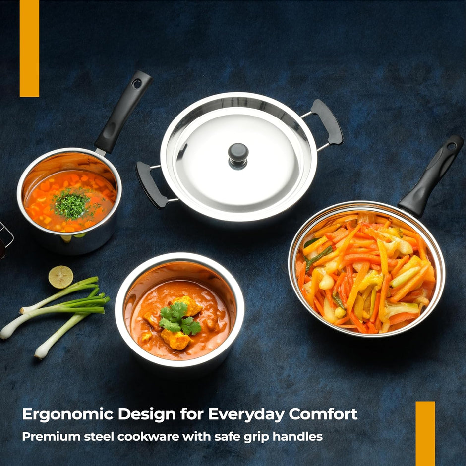 Lifelong 4 Pc Stainless Steel Cookware Set | 2.2L Kadhai with Lid 22cm | 1.4L Fry Pan 22cm | 1.2L Saucepan 14cm |1.4L Tope 16cm | Comes with Common Lid | Induction & Gas Compatible |Bakelite Handles