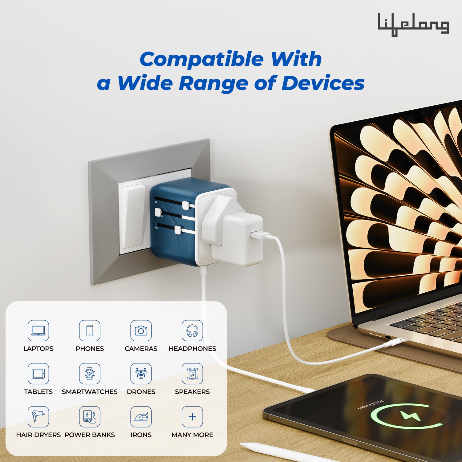 Lifelong Electronics 2500W Universal Travel Adapter All in One | 2 Type-C 25W PD & 1 USB-A 18W QC 3.0 | Dual Fuse Protection | 180+ Countries - Europe/US/Asia etc | International Socket Accessories