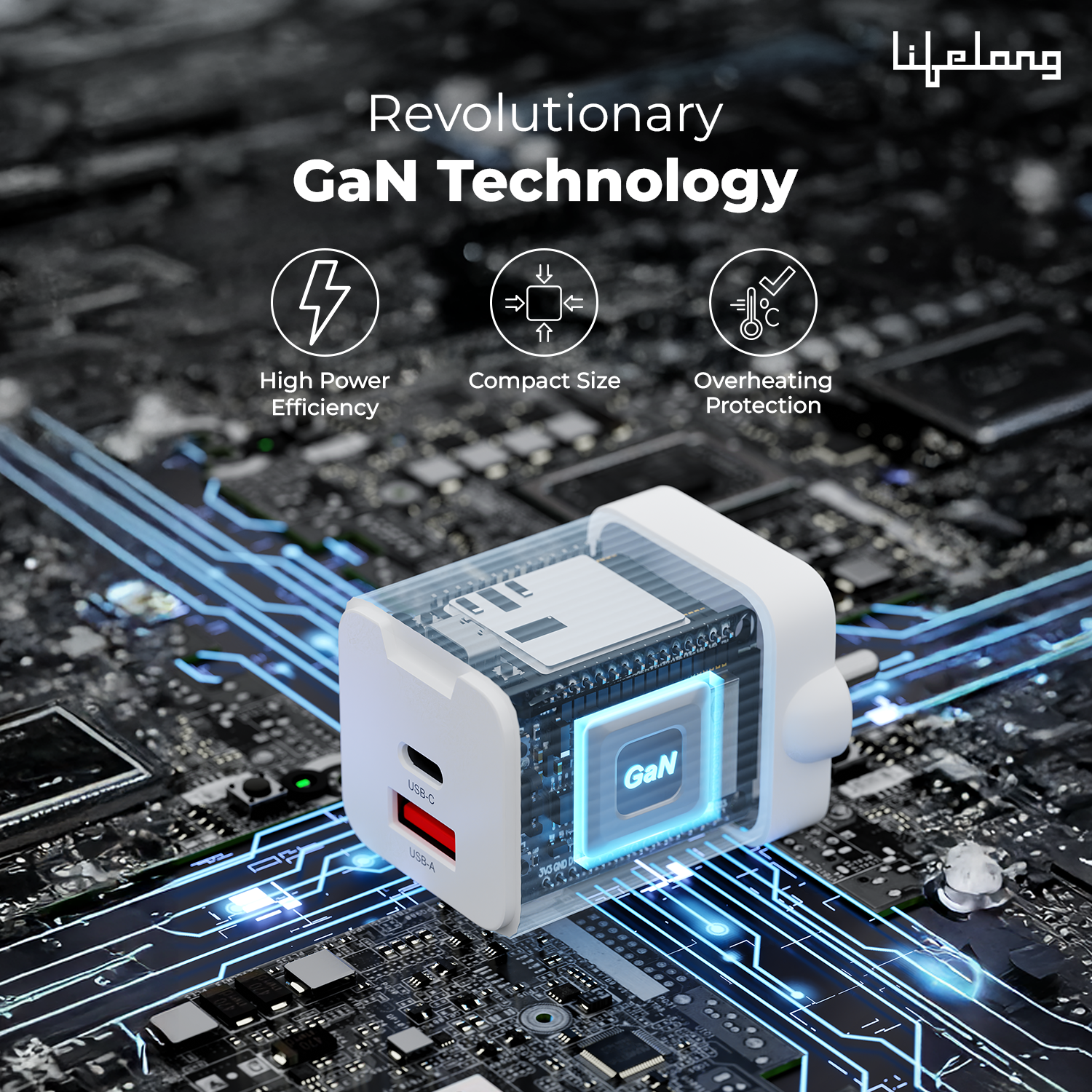Lifelong 45W Super-Fast GaN Charger PD Technology | 1 USB A + 1 Type C Port | iPhone 17/16/15/14 (Including Pro Max), Android, Samsung | Laptops - MacBook, Dell, HP, Lenovo, Acer, ASUS