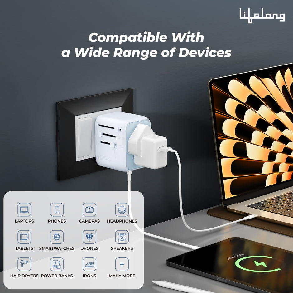 Lifelong Electronics 2500W Universal Travel Adapter All in One | 3 Type-C 45W PD & 2 USB-A 18W QC 3.0 | Dual Fuse Protection | 180+ Countries - Europe/US/Asia etc | International Socket