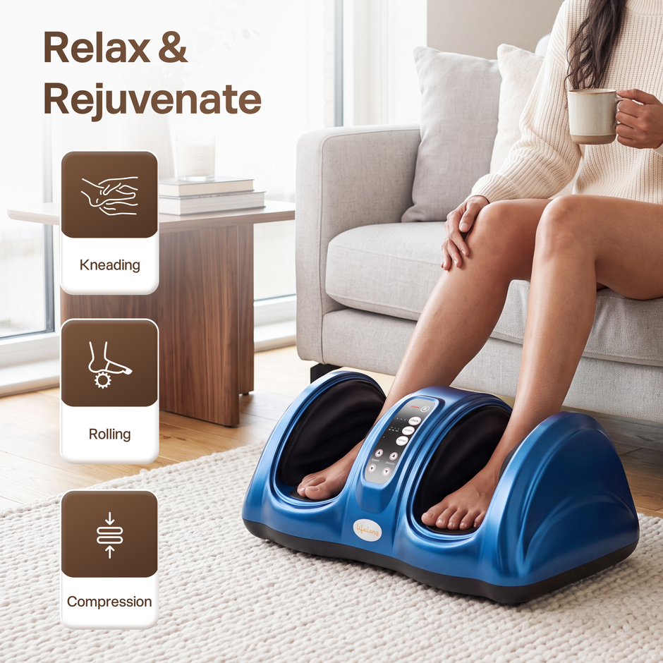 Lifelong Foot Massager for Pain Relief |Corded Electric Calf & Feet Massager for Home with Rolling, Shiatsu, Kneading & Heat |Blood Circulation, Muscle Relaxation, Deep Tissue Massager|15Min Auto Off