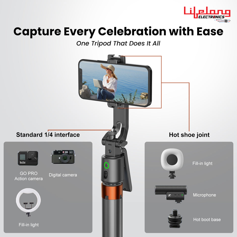 Lifelong Electronics AI Powered Selfie Stick Tripod 183CM/72 Inches | Auto Face Tracking | Quad Leg Stability Mobile Stand for Desk with Dual Influencer Light (5W) | Tripod Stand for Phone & Camera