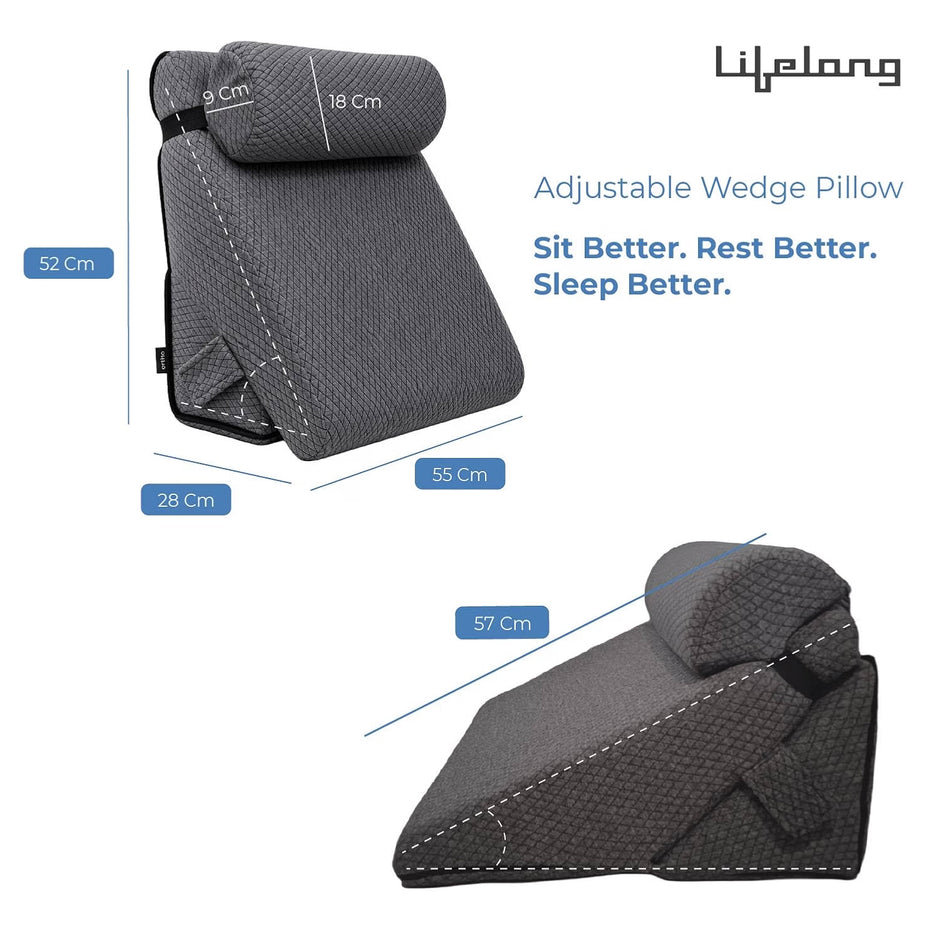 Lifelong Adjustable Wedge Pillow with Headrest, Washable Cover |1” Memory Foam Orthopaedic Back, Leg Support Pillow for Bed & Sofa| 12in1 Wedge Cushion for GERD, Acid Reflux, Leg Elevation, Pregnancy