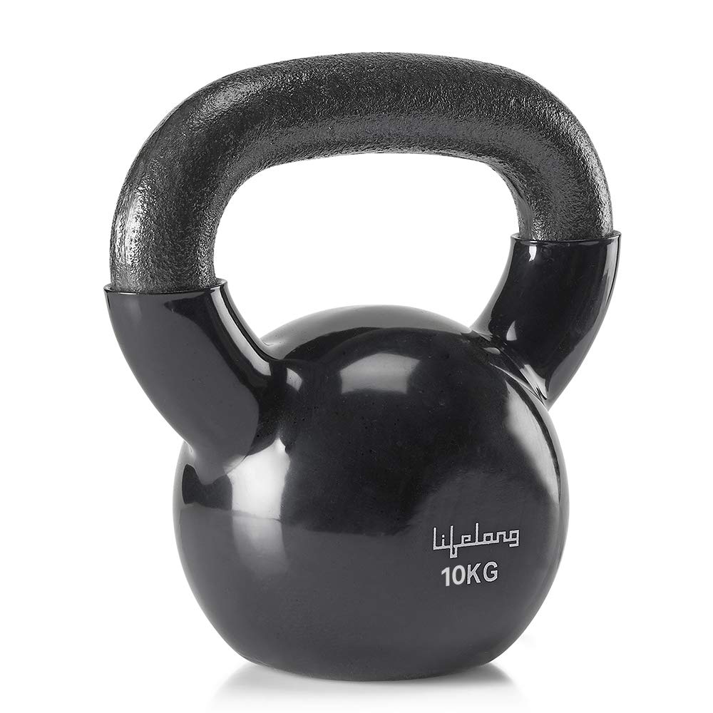 Lifelong Black Vinyl Cast Iron Kettlebells | Solid & Durable | Textured Wide Handle for Better Grip | Non-Slip Grip | Flat Bottom for Stability & Easy Storage | Corrosion-Resistant (10kg) 10 kg Vinyl