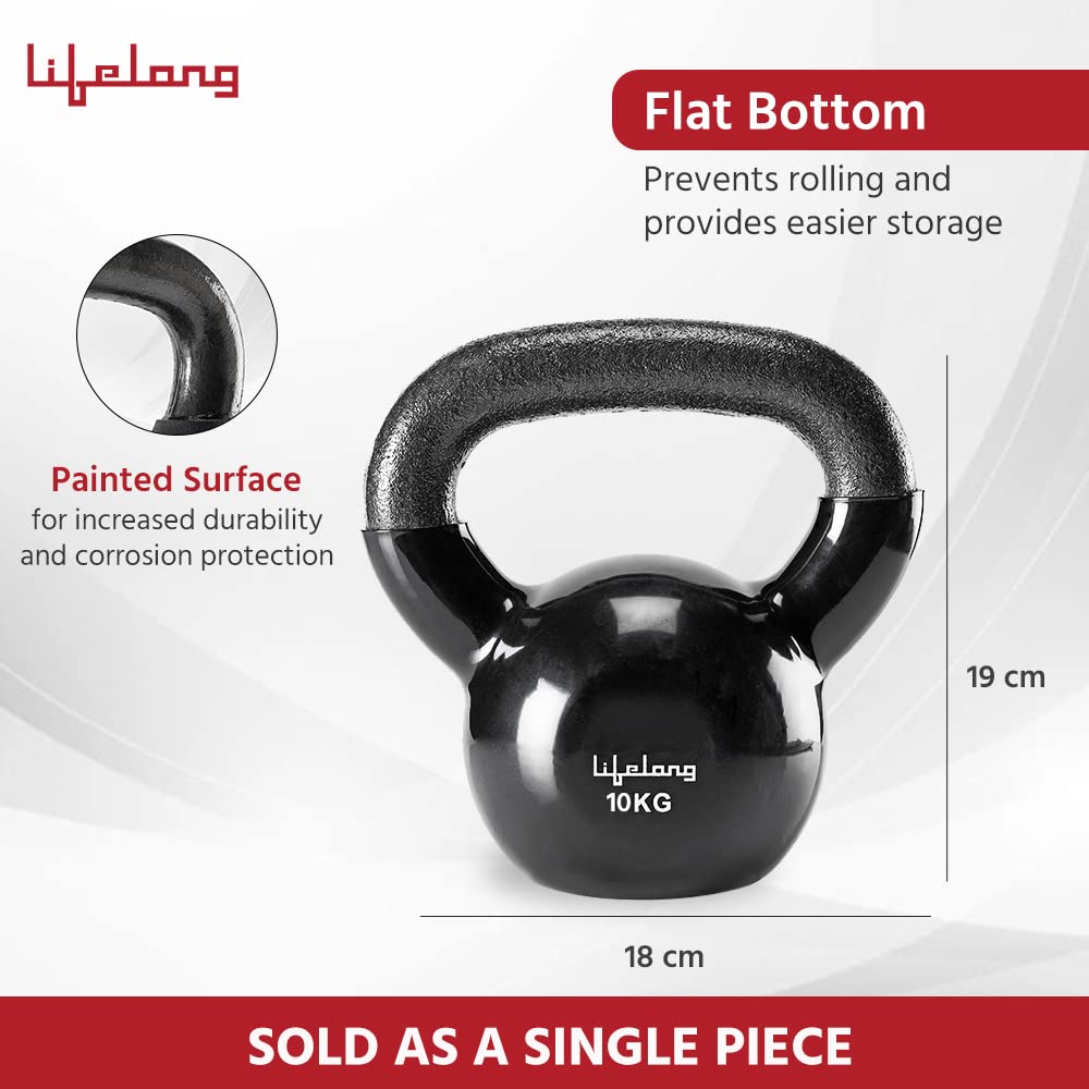Lifelong Black Vinyl Cast Iron Kettlebells | Solid & Durable | Textured Wide Handle for Better Grip | Non-Slip Grip | Flat Bottom for Stability & Easy Storage | Corrosion-Resistant (10kg) 10 kg Vinyl