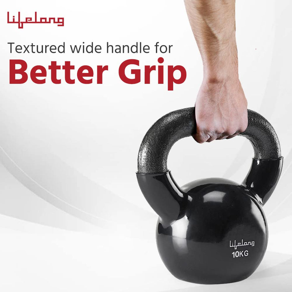 Lifelong Black Vinyl Cast Iron Kettlebells | Solid & Durable | Textured Wide Handle for Better Grip | Non-Slip Grip | Flat Bottom for Stability & Easy Storage | Corrosion-Resistant (10kg) 10 kg Vinyl