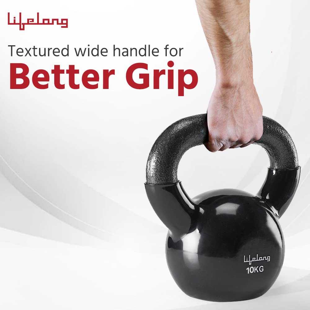 Lifelong Black Vinyl Cast Iron Kettlebells | Solid & Durable | Textured Wide Handle for Better Grip | Non-Slip Grip | Flat Bottom for Stability & Easy Storage | Corrosion-Resistant (10kg) 10 kg Vinyl