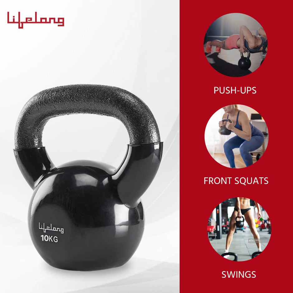 Lifelong Black Vinyl Cast Iron Kettlebells | Solid & Durable | Textured Wide Handle for Better Grip | Non-Slip Grip | Flat Bottom for Stability & Easy Storage | Corrosion-Resistant (10kg) 10 kg Vinyl