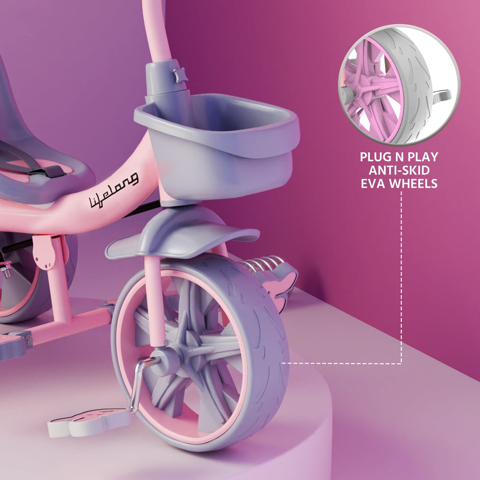 Lifelong Kids Tricycle with Parental control, Eva wheels, bell and Storage Basket / baby Trike/ Age Group 2 Year to 5years/ Pink(LLKPCTC04)