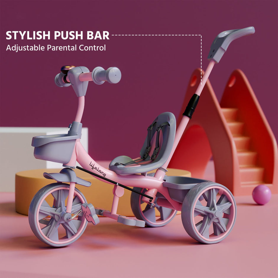 Lifelong Kids Tricycle with Parental control, Eva wheels, bell and Storage Basket / baby Trike/ Age Group 2 Year to 5years/ Pink(LLKPCTC04)