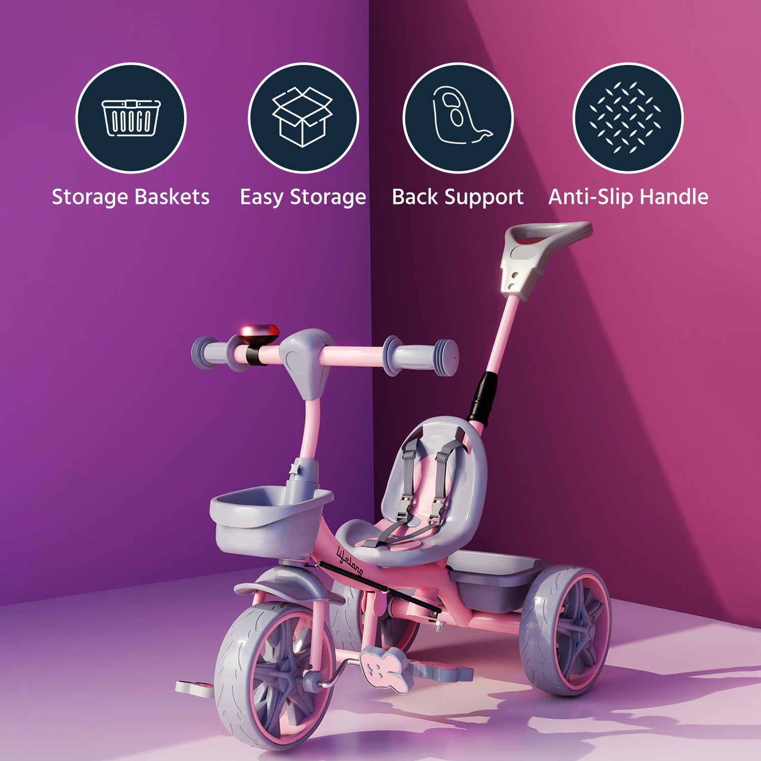 Lifelong Kids Tricycle with Parental control, Eva wheels, bell and Storage Basket / baby Trike/ Age Group 2 Year to 5years/ Pink(LLKPCTC04)