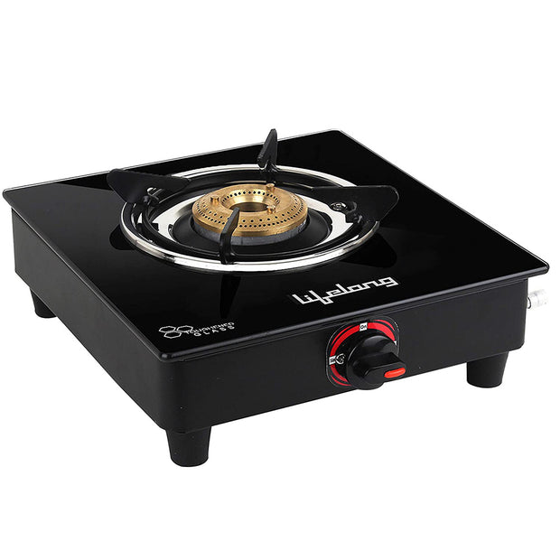 Open Single Burner Glass Gas Stove (Black, 27 x 29 x 9 cm), Manual Ignition, Black