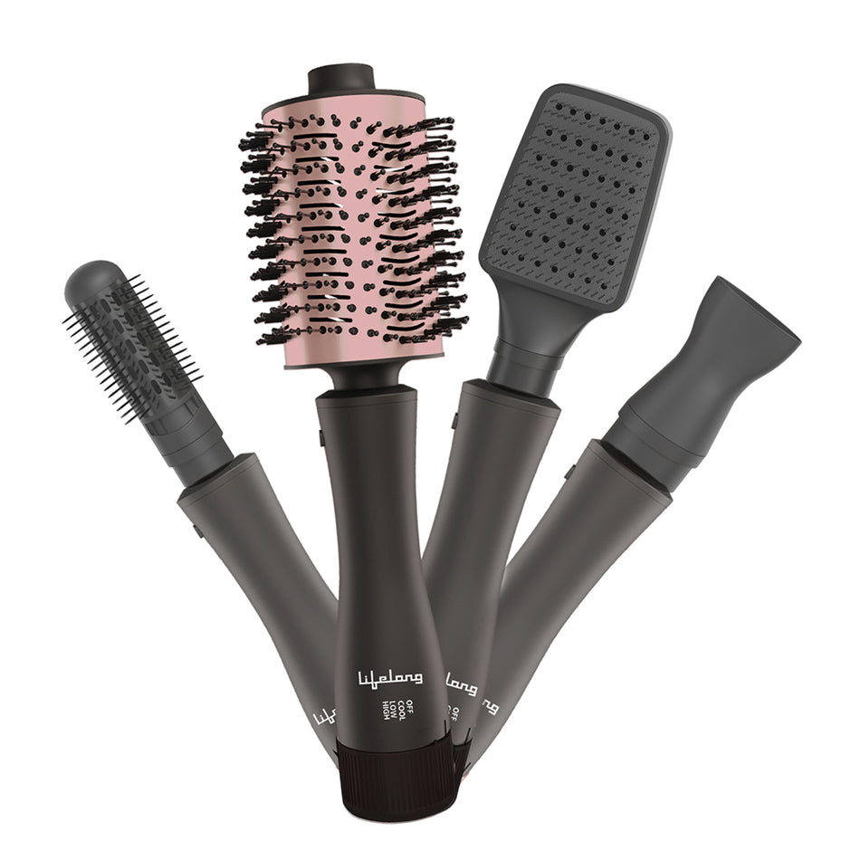 Blow Dry Brush | 1 Year Warranty | Hot Air Brush, 1200 Watts, 4 in 1 Hair Styling Brush, Attachments For Blow Dryer, Straightening Comb, Curler & Hot Air Brush (Rose Gold)