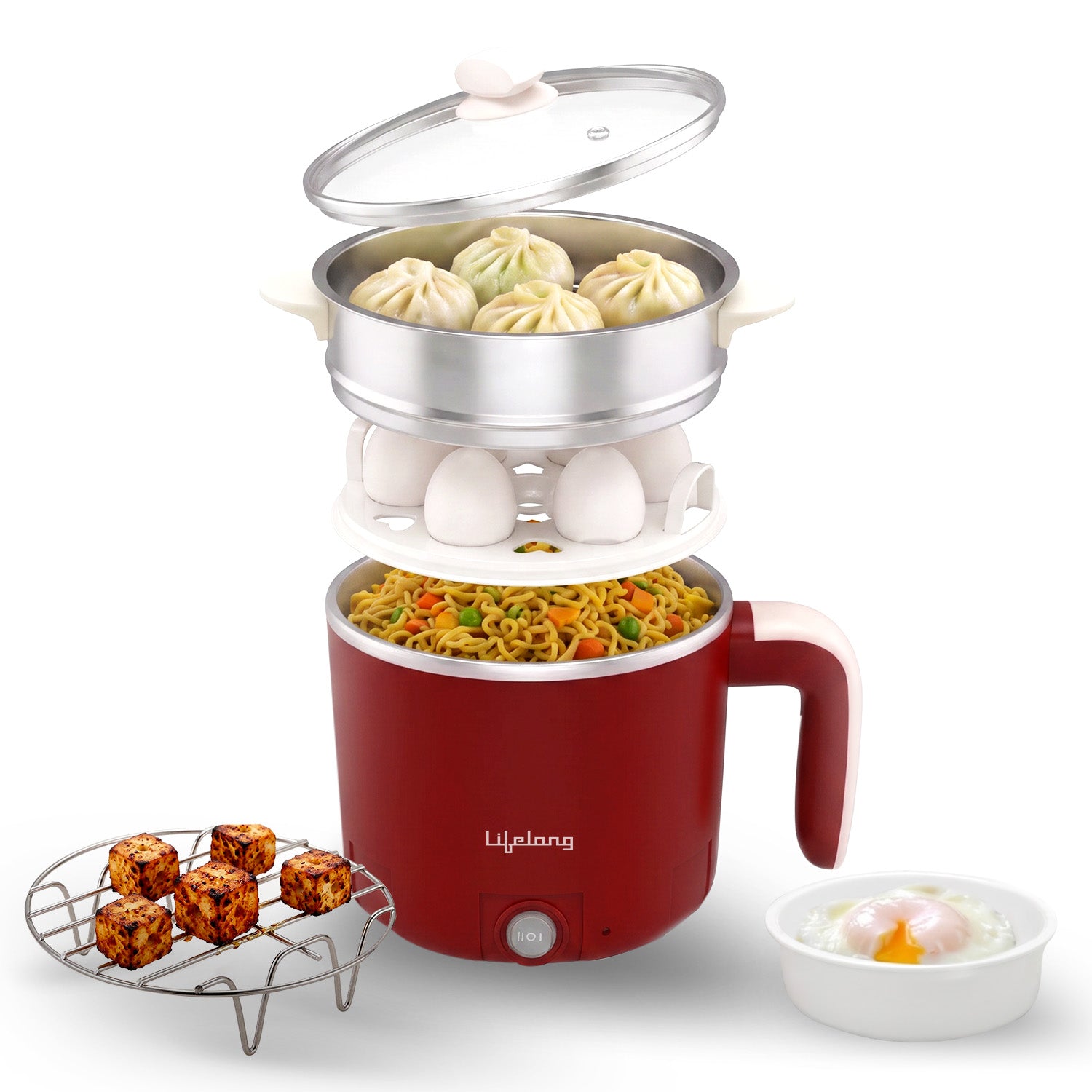 Lifelong Multipurpose Kettle | Multi Cooker Electric Kettle with Egg Tray, 1.2L Stainless Steel Body, Auto Cut Off, 300W Slow Heat & 650W Quick Boil | Boil Rice, Steam & Cook Vegetables, Eggs & Momos