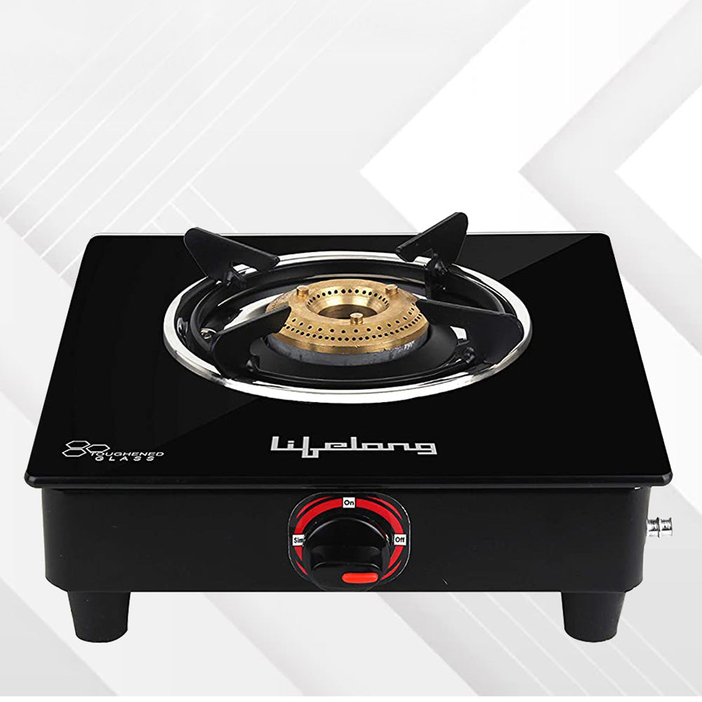 Open Single Burner Glass Gas Stove (Black, 27 x 29 x 9 cm), Manual Ignition, Black