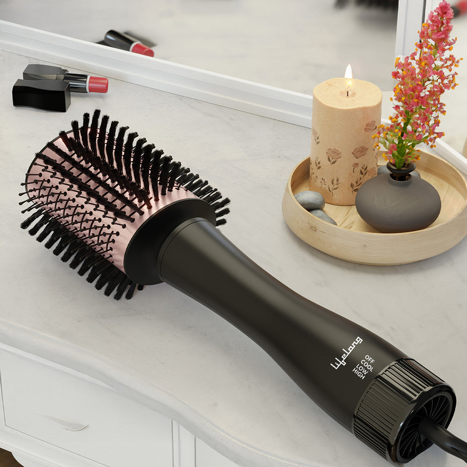 Blow Dry Brush | 1 Year Warranty | Hot Air Brush, 1200 Watts, 4 in 1 Hair Styling Brush, Attachments For Blow Dryer, Straightening Comb, Curler & Hot Air Brush (Rose Gold)