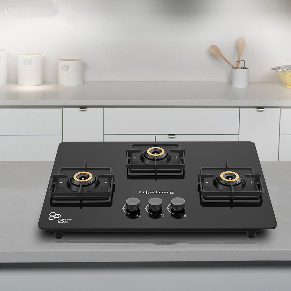 Lifelong 3 Burner Hob Gas Stove – Toughened Glass Top with Auto Ignition for Modern Kitchen (LLHT923)